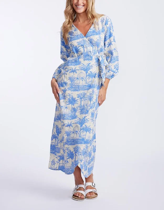 Porter Wrap Maxi Dress - Blue Palm Print