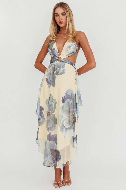 Samia Cut-Out Halterneck Maxi Dress Beige/Blue