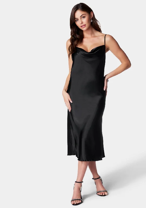 Satin Cowl Neck Slip Midi Dress