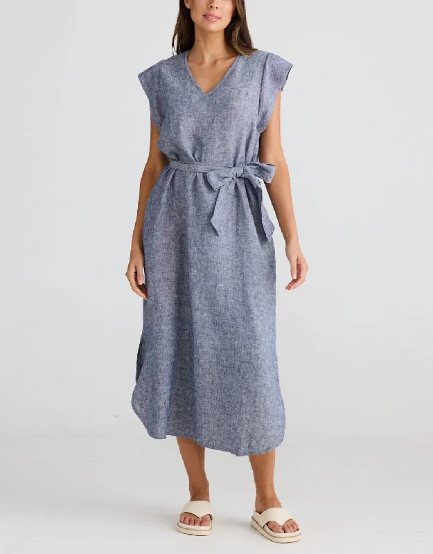 Sebou Linen Midi Dress - Navy Fleck