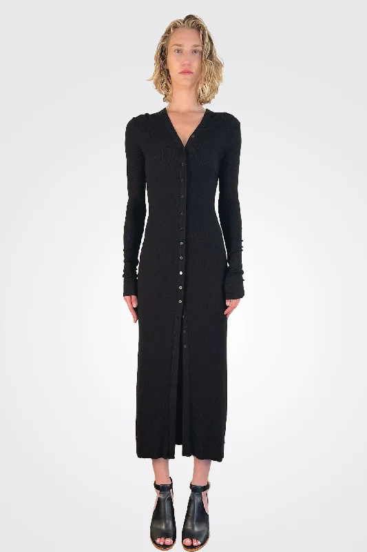 Silk Rib Long Sleeve Cardigan Midi Dress - Black