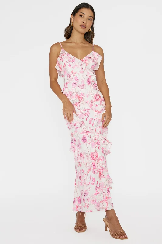 Silvana Frill Trim Midi Dress Floral Pink