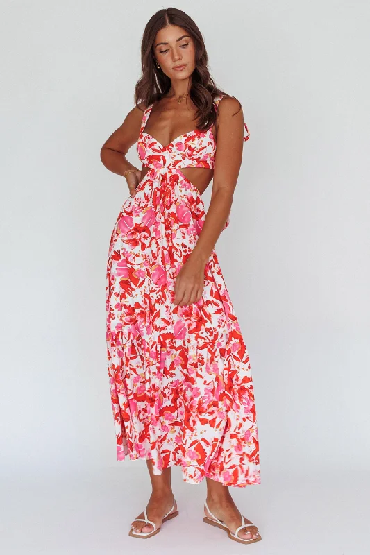 Sun Seeker Tied Shoulder Cut-Out Maxi Dress Floral Red