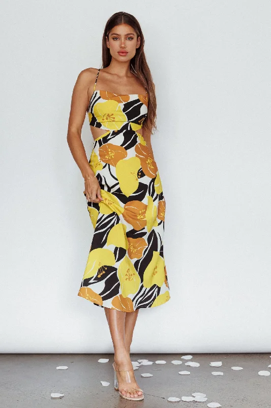 Sunday Bliss Tie-Up Back Cowl Neck Midi Dress Flower Yellow