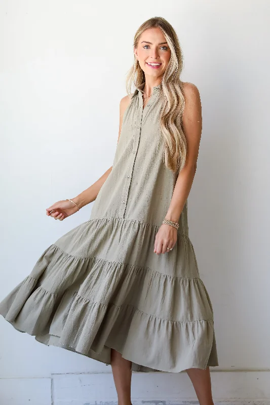 FINAL SALE - Sweet Destiny Light Olive Tiered Midi Dress