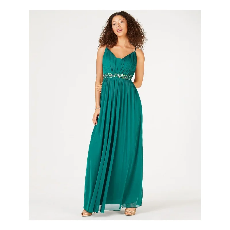 Teeze Me Women's Embellished Spaghetti Strap V Neck Maxi Evening Sheath Dress Juniors Green Size 5 /6