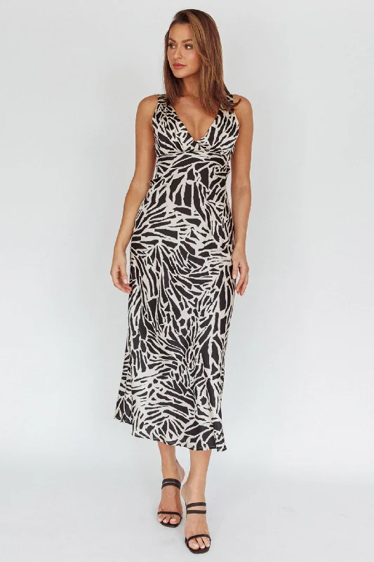 Turin V-Neckline Print Midi Dress Black